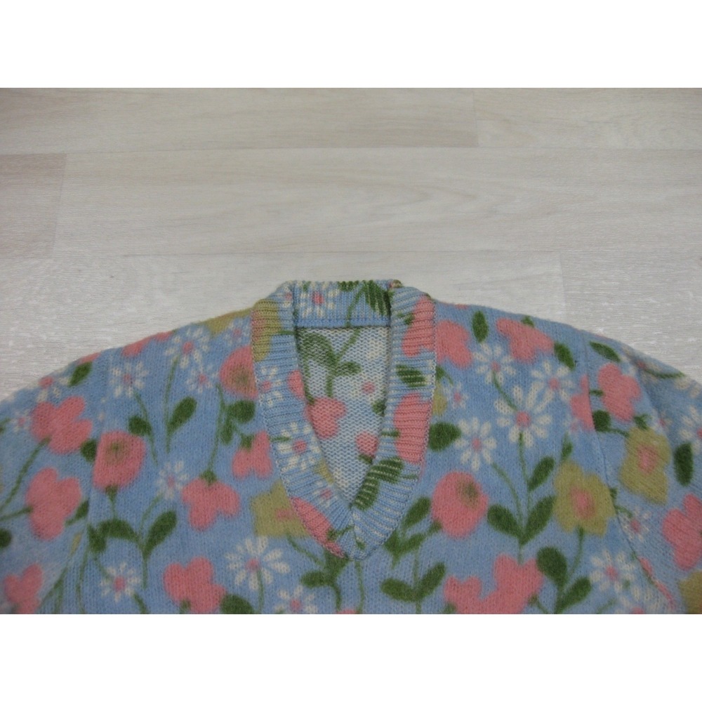 Vintage 60s Wool Groovy Floral Sweater Womens (M) V Neck Hippy Whimsical - Picture 4 of 10